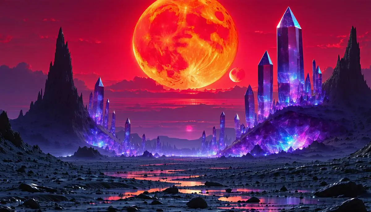 A stark, alien landscape with crystal formations under a huge red sun, with a broken moon visible in the strange, colorful sky