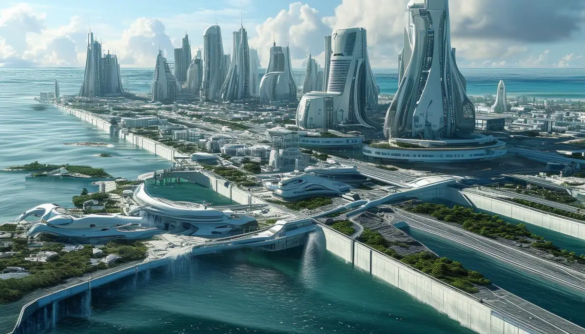 Futuristic coastal city with advanced hurricane protection measures, including sea walls, elevated buildings, and flood management systems