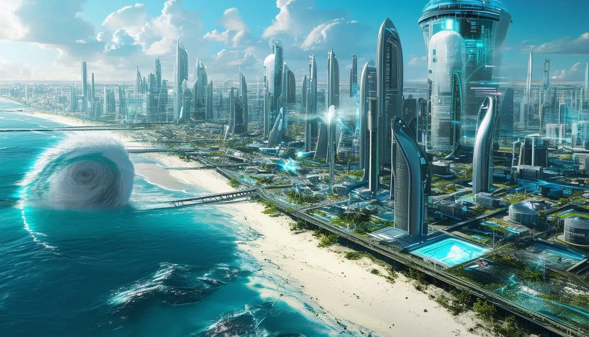 Futuristic coastal city with advanced hurricane protection systems and early warning technology