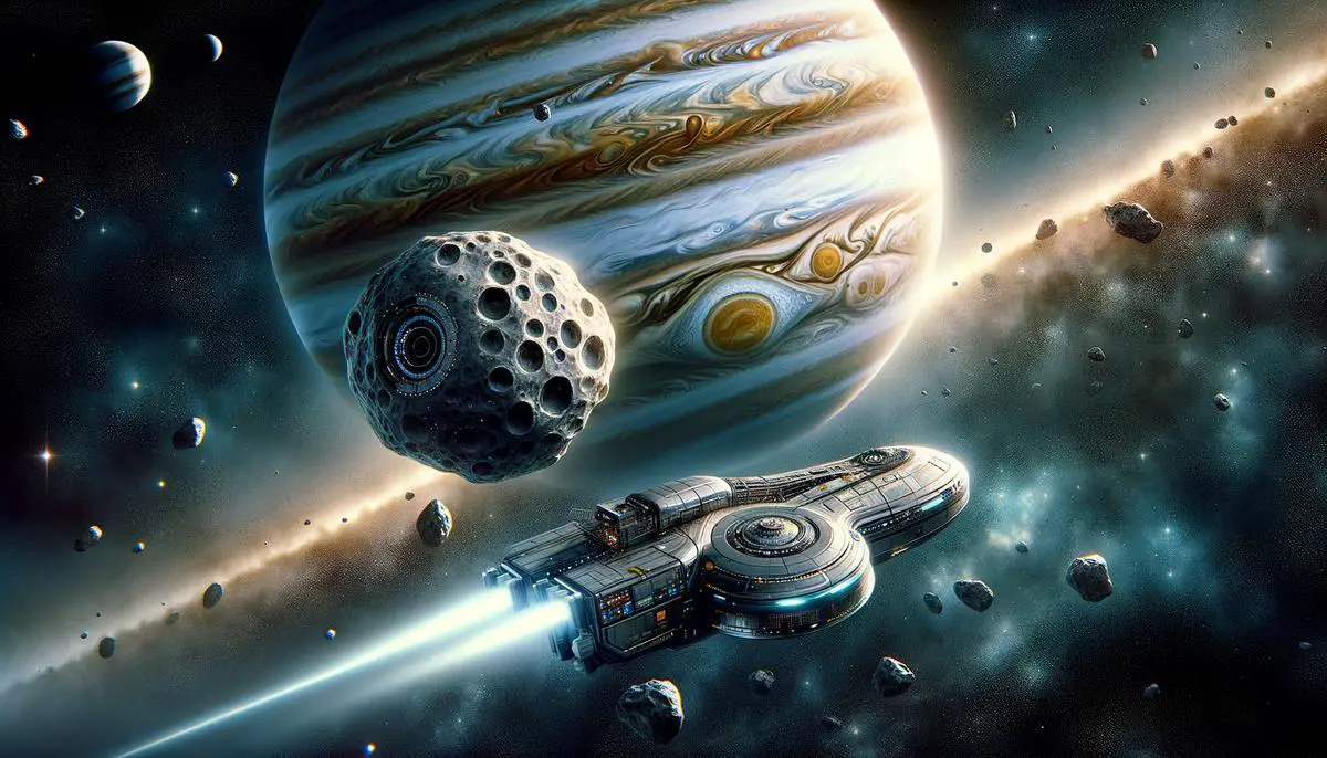 A futuristic space probe approaching an unusual interstellar object near Jupiter
