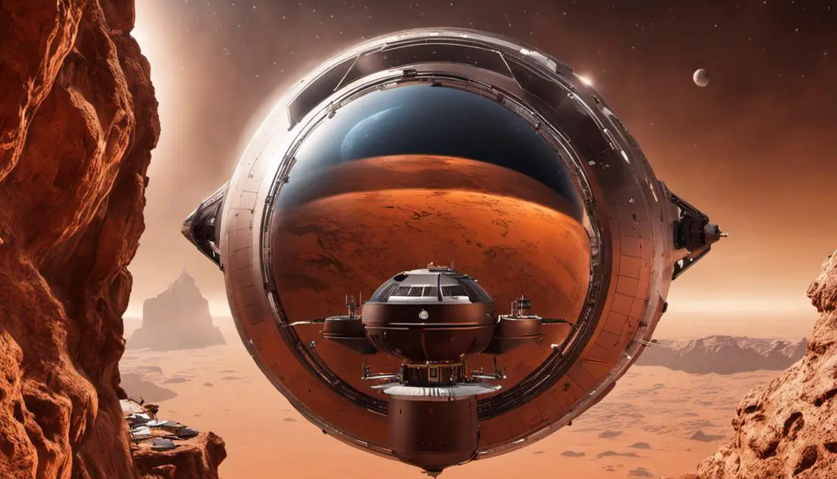 An image depicting a futuristic spacecraft flying towards Mars.