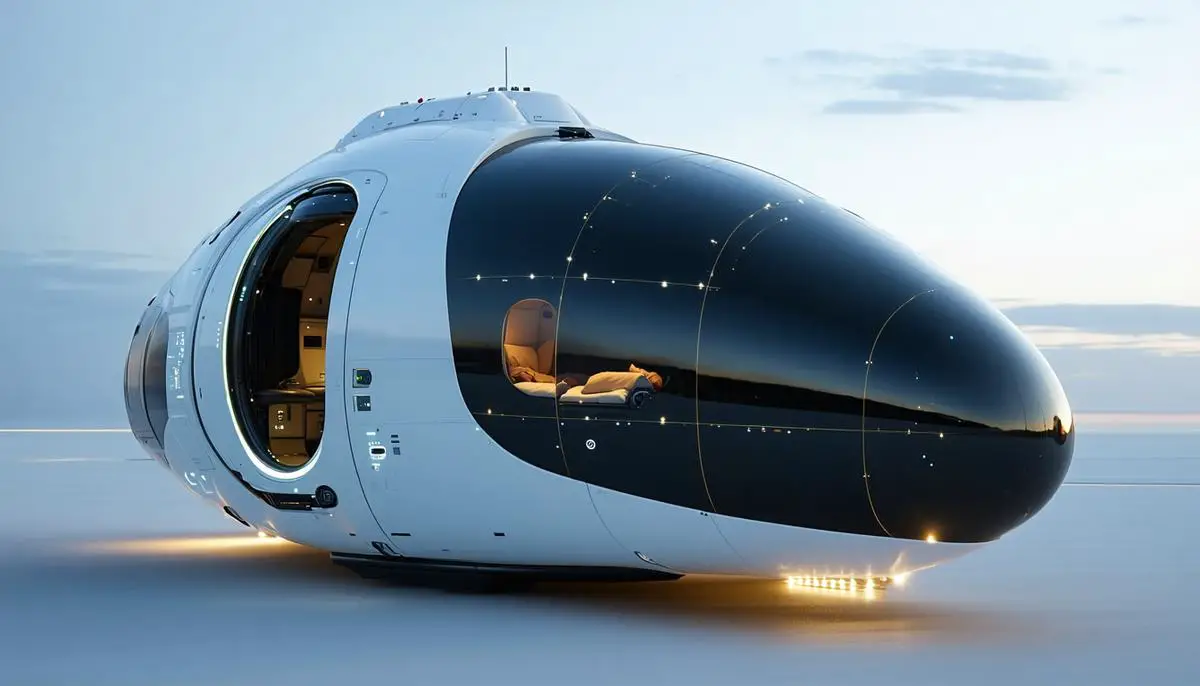 A sleek, futuristic hibernation pod designed for long-duration space travel