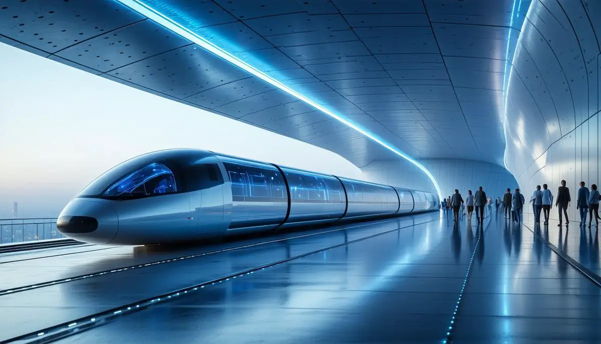 Concept art of a futuristic Hyperloop station with passengers