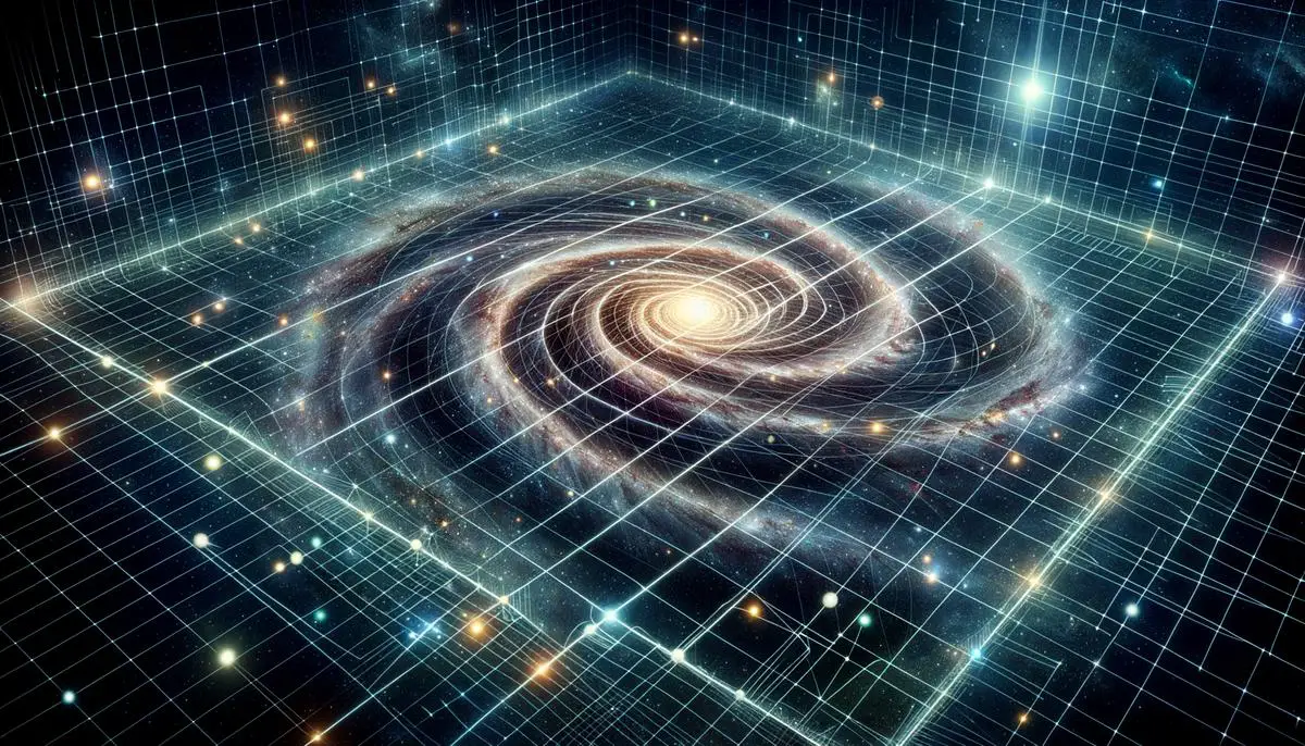A massive galaxy visibly warping the fabric of space-time, with surrounding celestial objects following curved paths