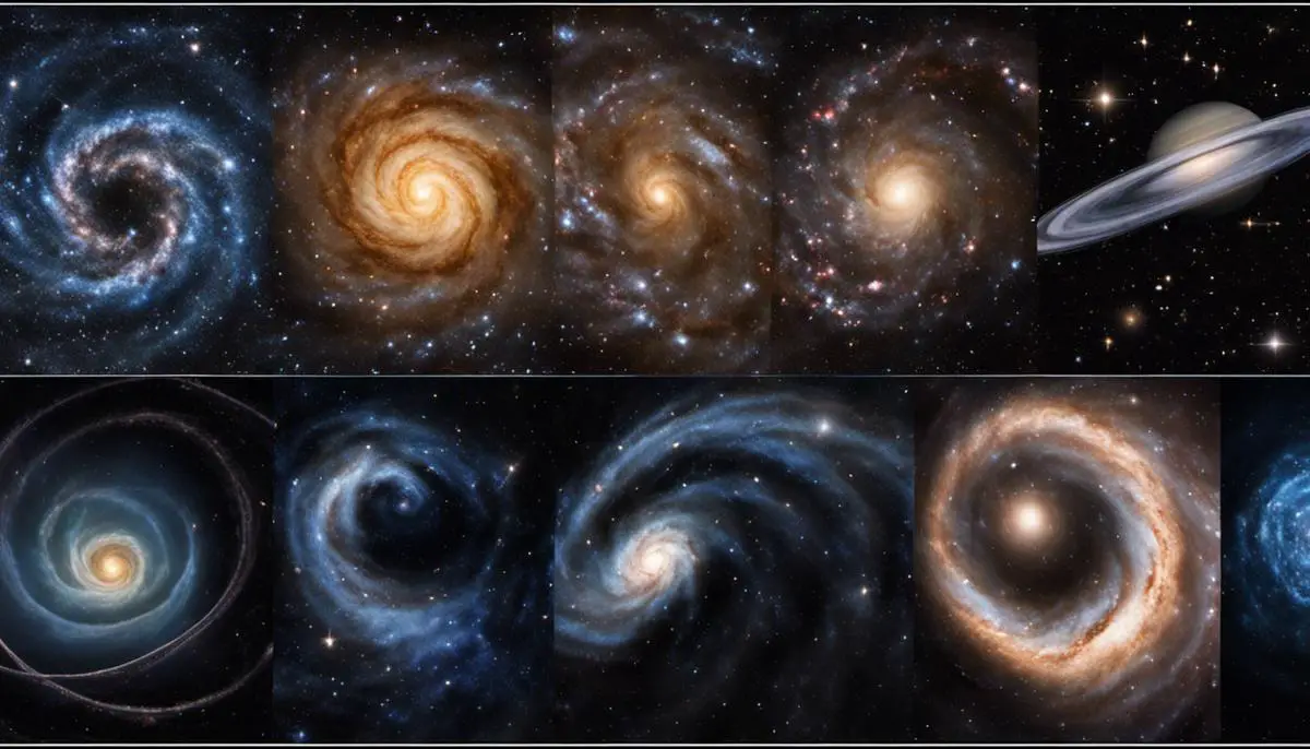 Visual representation of various galaxy types: spiral, barred spiral, elliptical, irregular.