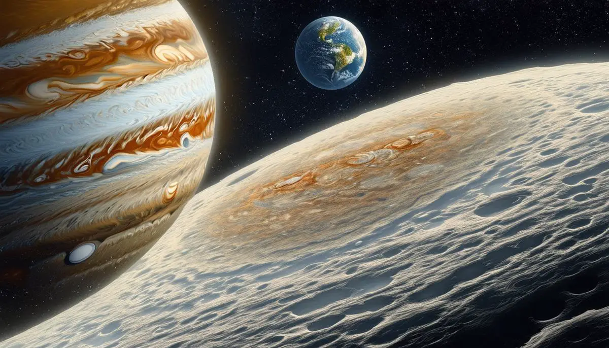 An illustration of Ganymede, the largest moon in the solar system, which orbits Jupiter. Ganymede is shown with its cratered, icy surface and its size compared to Earth, emphasizing its massive scale. Jupiter is depicted in the background as a large, striped gas giant.