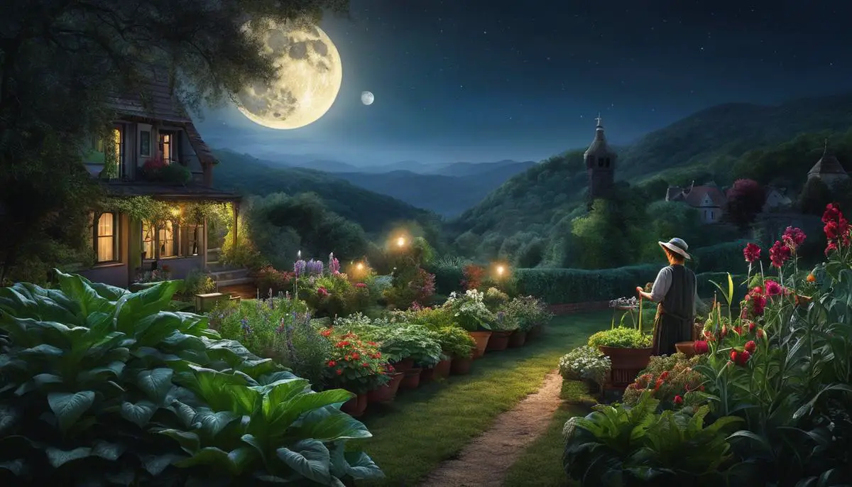 Image depicting a person tending to plants in a garden after the full moon, promoting plant health and growth.