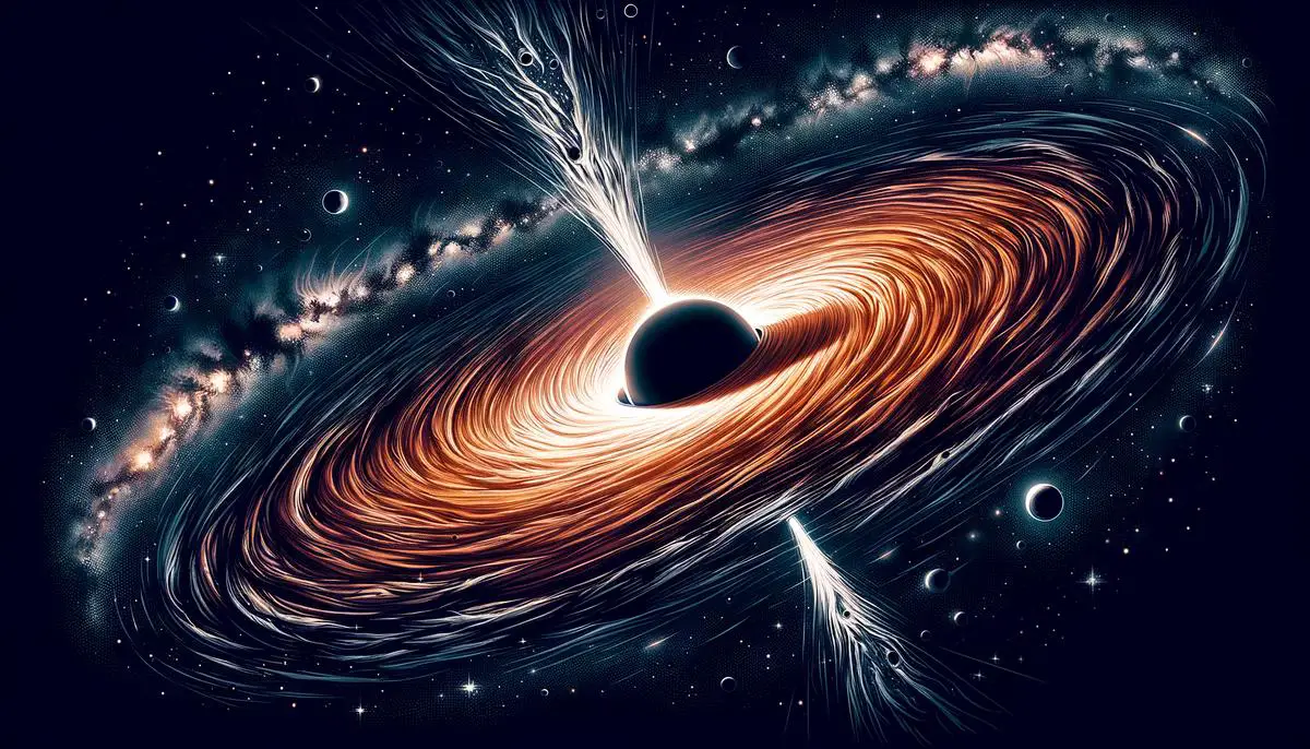 Illustration of a gargantua black hole in space with swirling accretion disk and powerful jets.