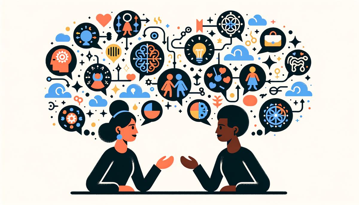 Two Gemini figures engaged in an animated conversation with thought bubbles