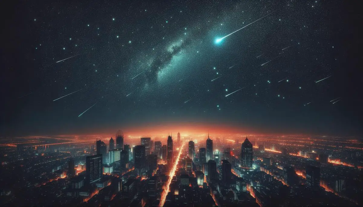 A bright Geminid meteor visible above a city skyline despite light pollution