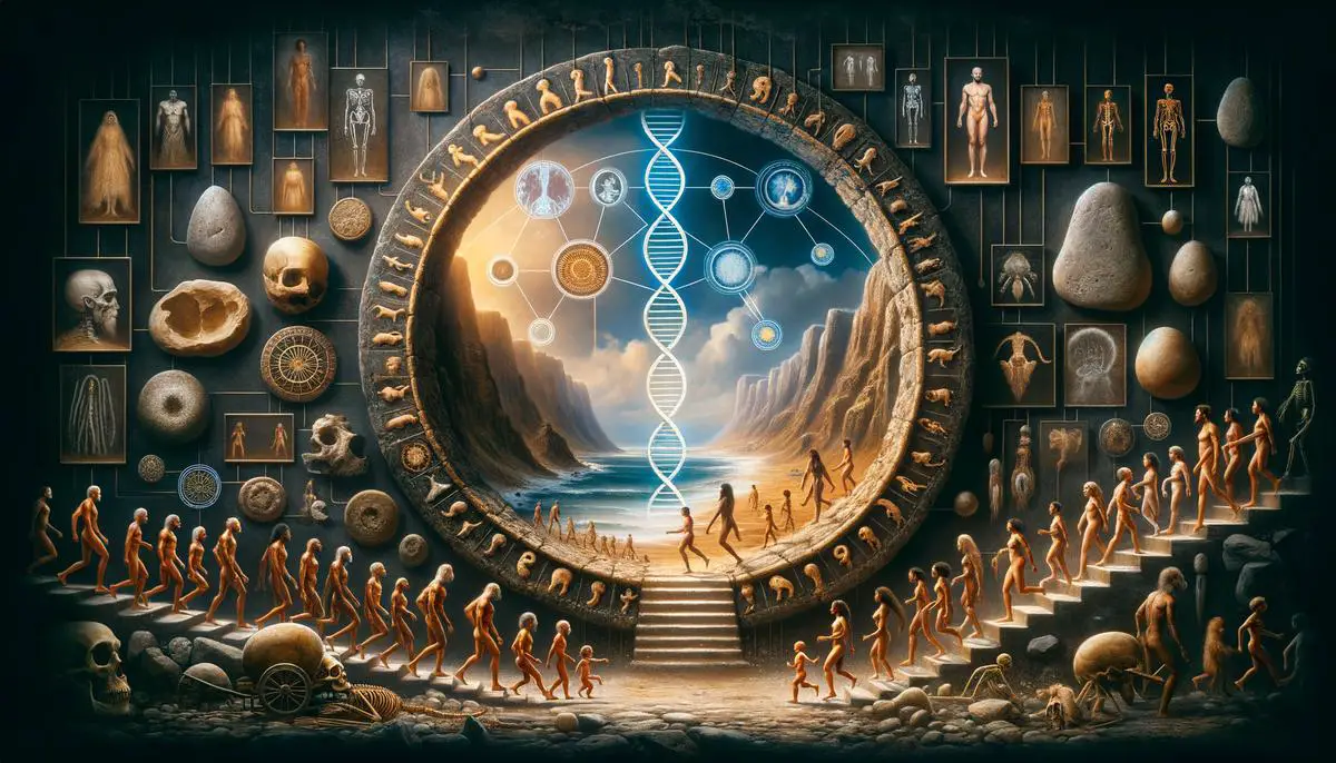 A visual representation of the genetic evidence that has helped scientists piece together the migration and interbreeding patterns of Homo sapiens, including DNA analysis of ancient fossils and modern human populations.