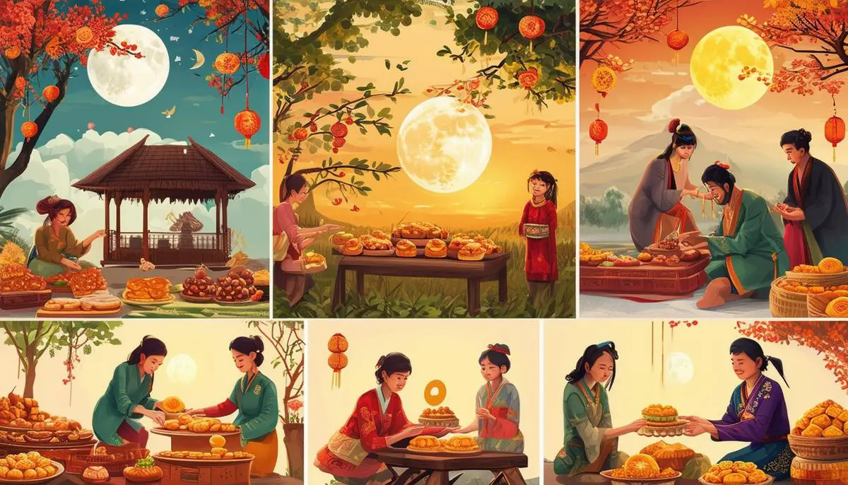 A collection of scenes depicting various cultural Harvest Moon celebrations from around the world, including people sharing mooncakes, building sukkahs, and participating in moon-viewing rituals