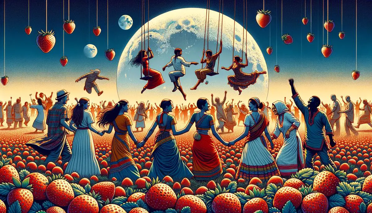 A collage of people from different cultures celebrating the Strawberry Moon with various rituals and traditions