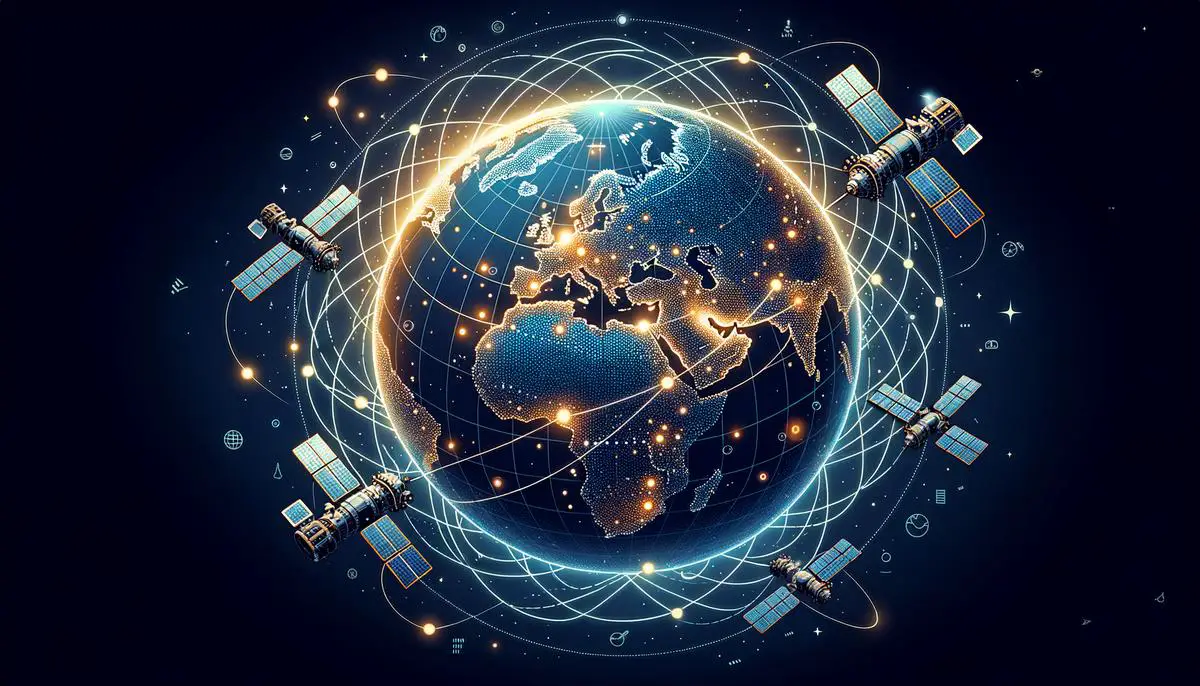 Map showing the global network of weather satellites and ground stations collaborating on weather monitoring