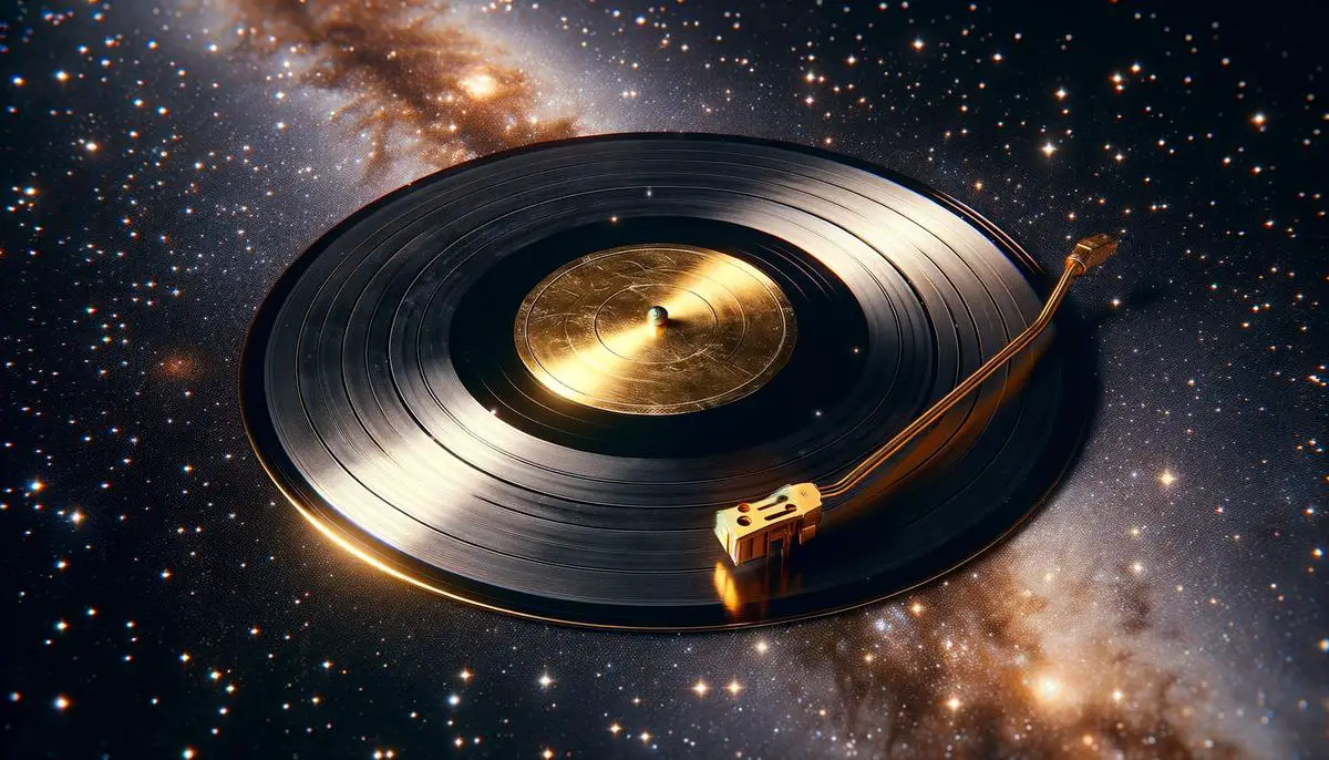 Close-up of the Voyager Golden Record with its needle slightly displaced, symbolizing the source of the Hello signal