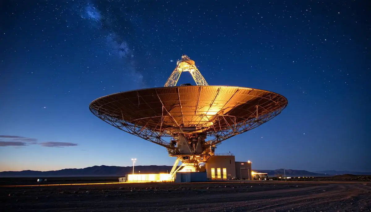 The Goldstone Solar System Radar facility at night, with its large dish antenna pointed at the sky