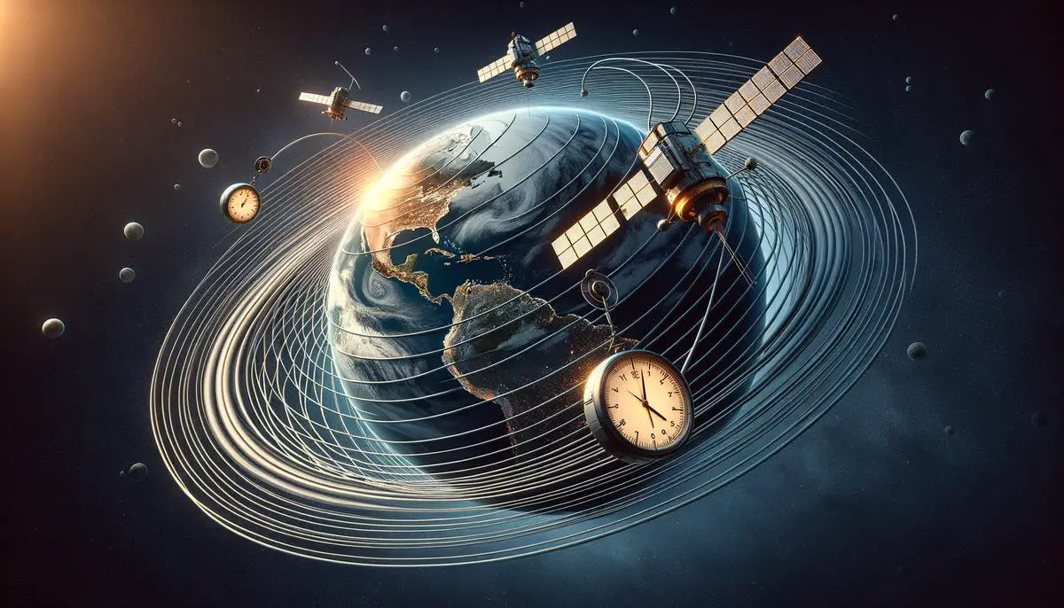 GPS satellites orbiting Earth with clocks showing time difference