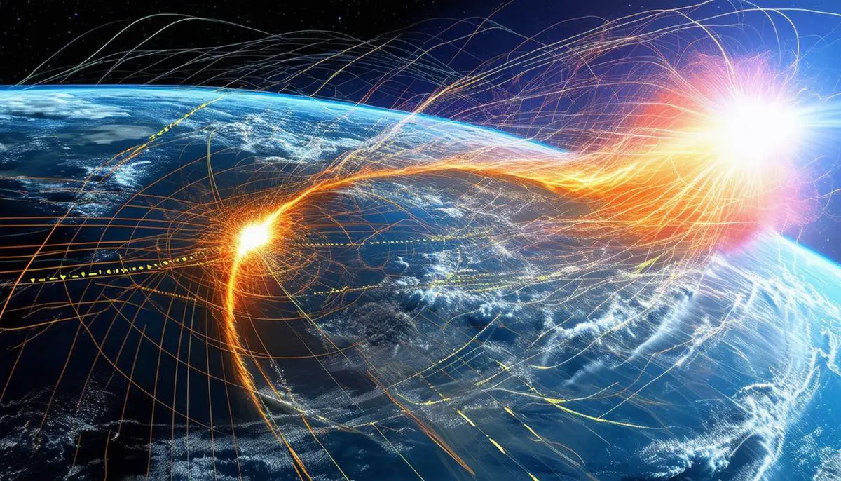 GPS signals from satellites being distorted and disrupted as they pass through a turbulent ionosphere energized by solar flare activity, leading to errors in position and timing calculations by GPS receivers on Earth's surface.