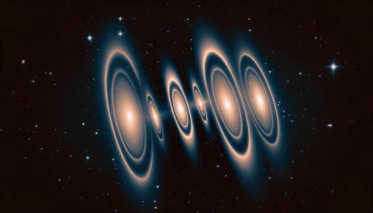 Multiple distorted images of a distant galaxy caused by gravitational lensing