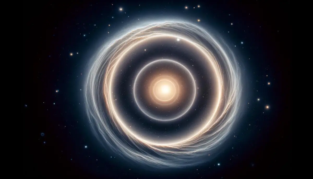 An astronomical image showing a perfect Einstein ring, demonstrating gravitational lensing around a massive galaxy