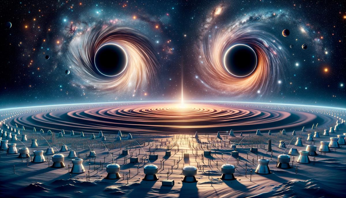 Artistic representation of gravitational waves emanating from colliding black holes, with LIGO detectors in the foreground