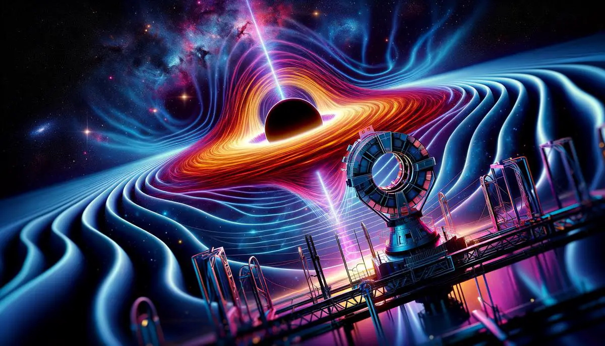 An artistic depiction of gravitational waves emanating from a cosmic event, with the LIGO detector in the foreground