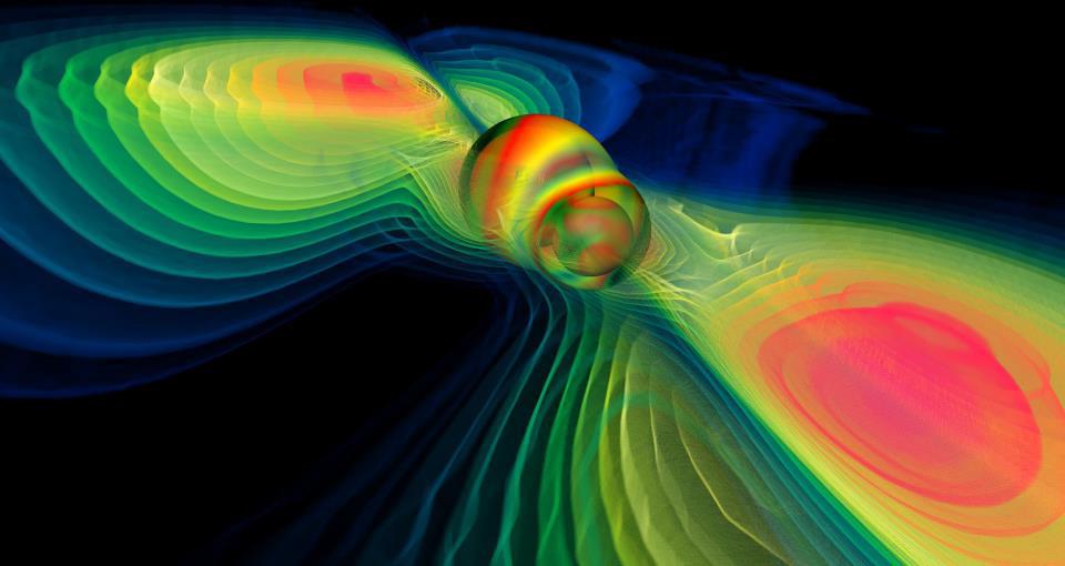 Two black holes spiraling towards each other, emitting visible gravitational waves that ripple through spacetime