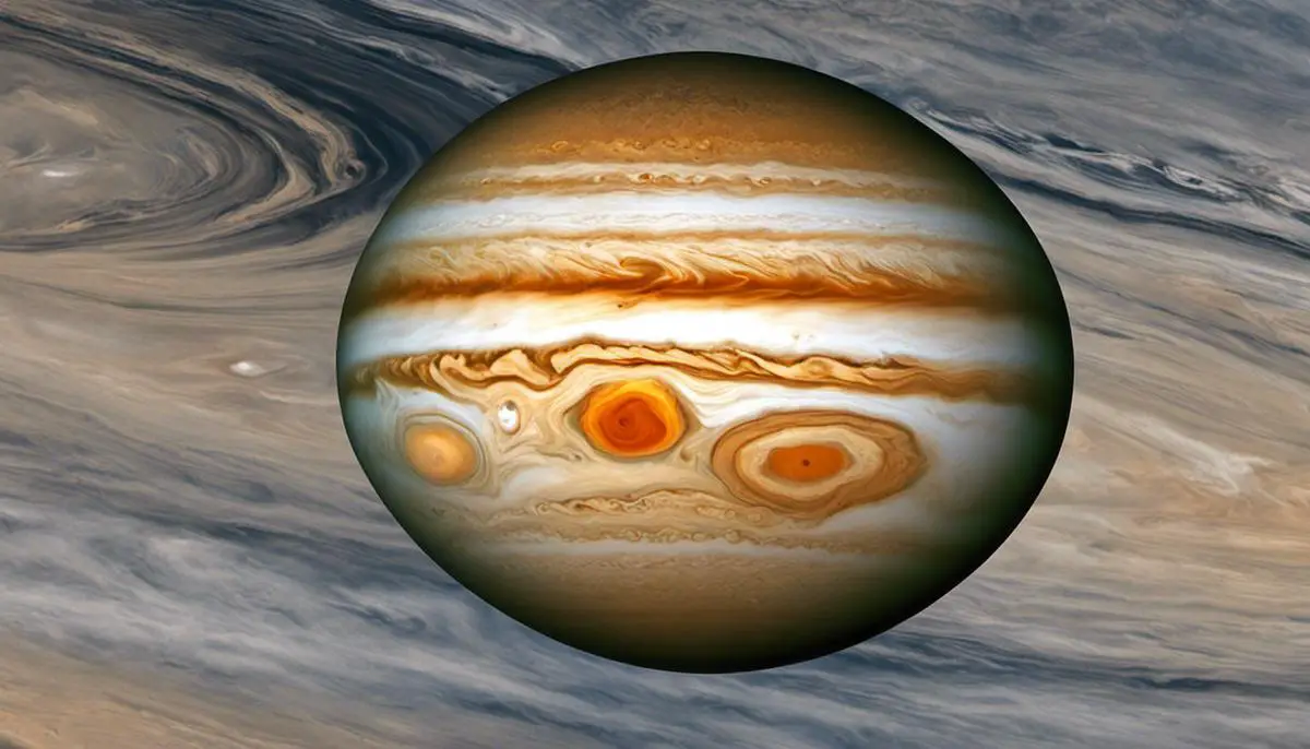 Image of the Great Red Spot on Jupiter, showcasing its massive size and distinctive reddish-orange coloration