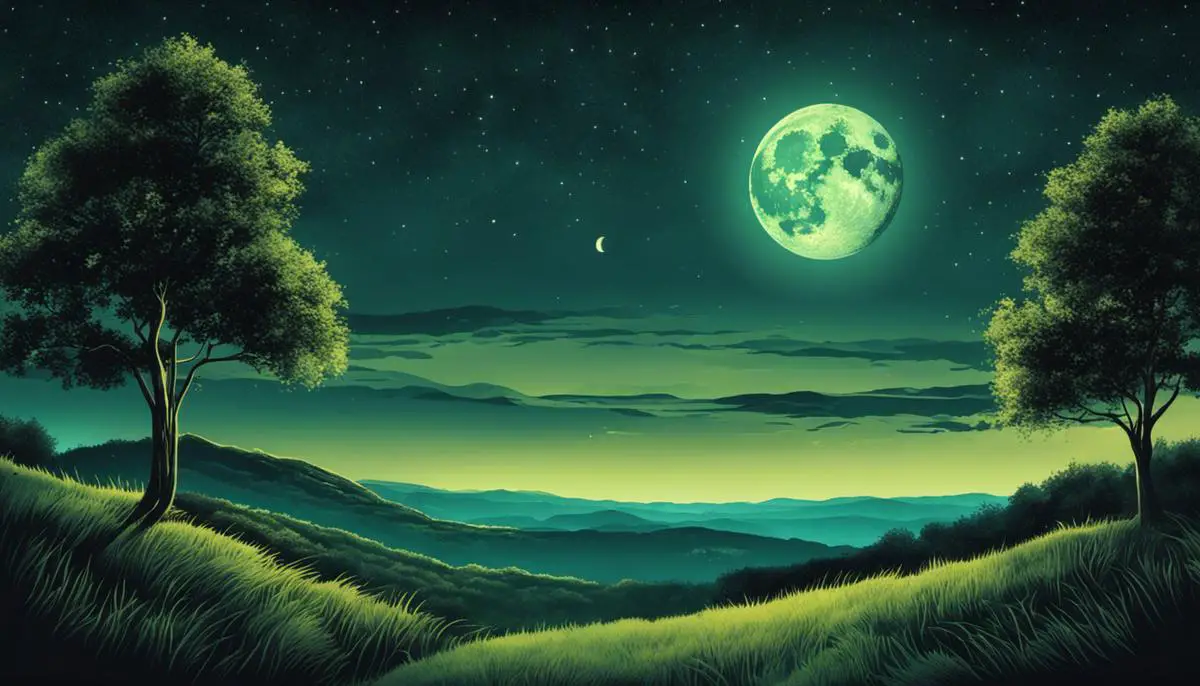 Illustration of a moon with a greenish hue illuminating the night sky.