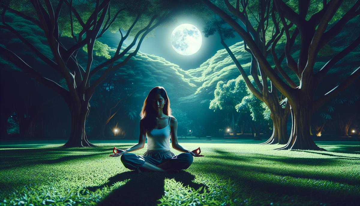 A person meditating in a cross-legged position under the bright Buck Moon, surrounded by nature