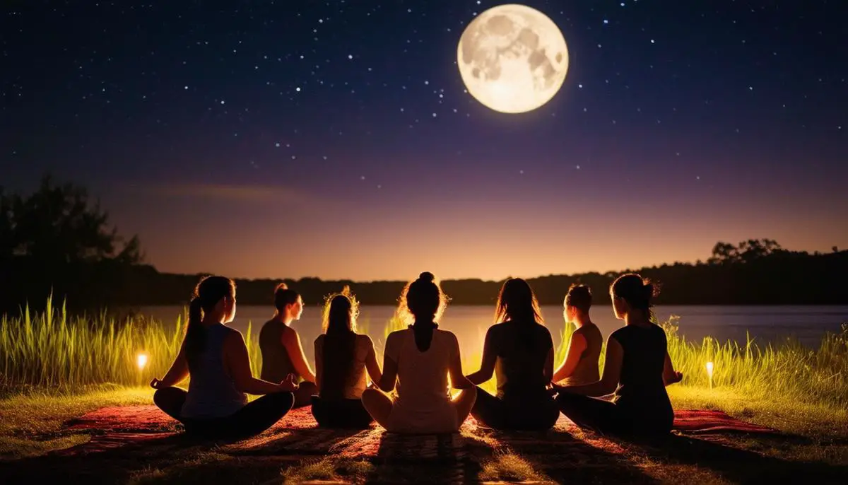 A diverse group of people meditating in a circle under the light of the Strawberry Moon
