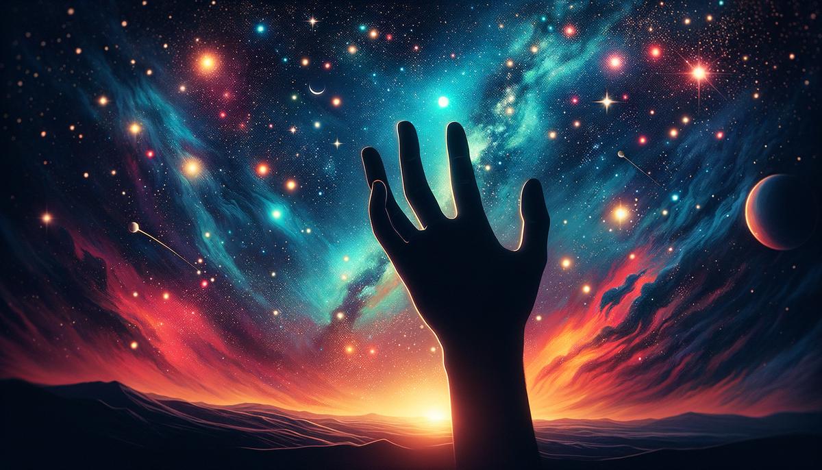 A silhouetted hand reaching towards a sky full of twinkling stars