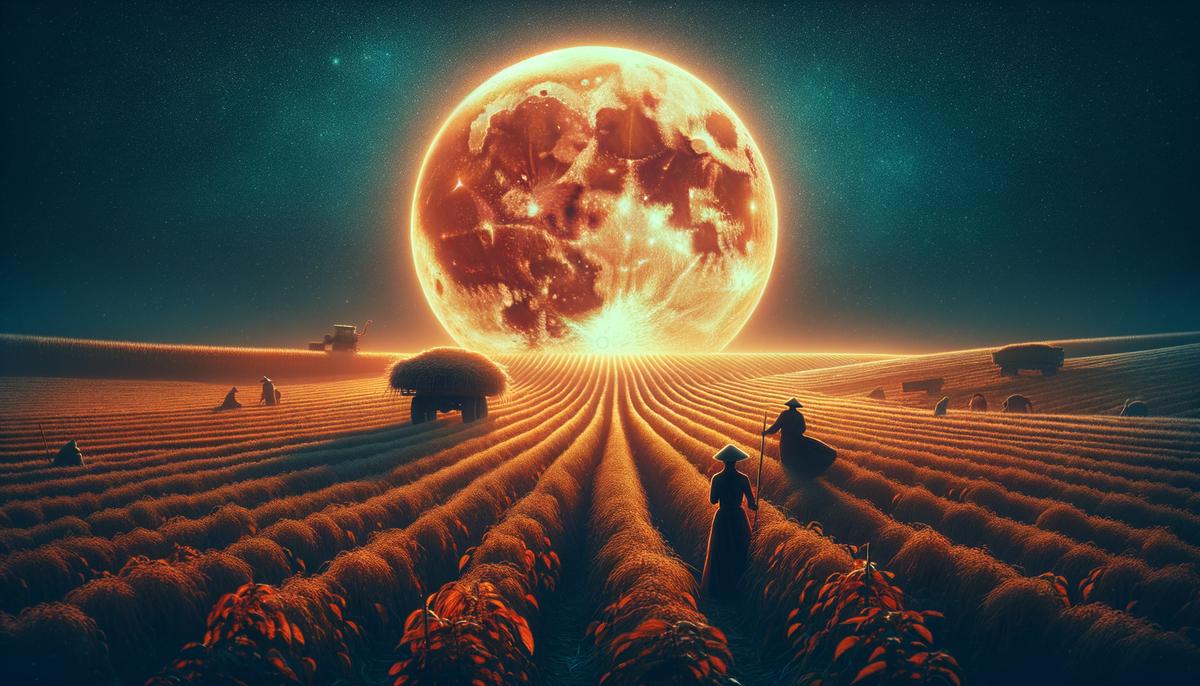 A bright Harvest Moon illuminating a field of ripe crops, with farmers visible in the distance