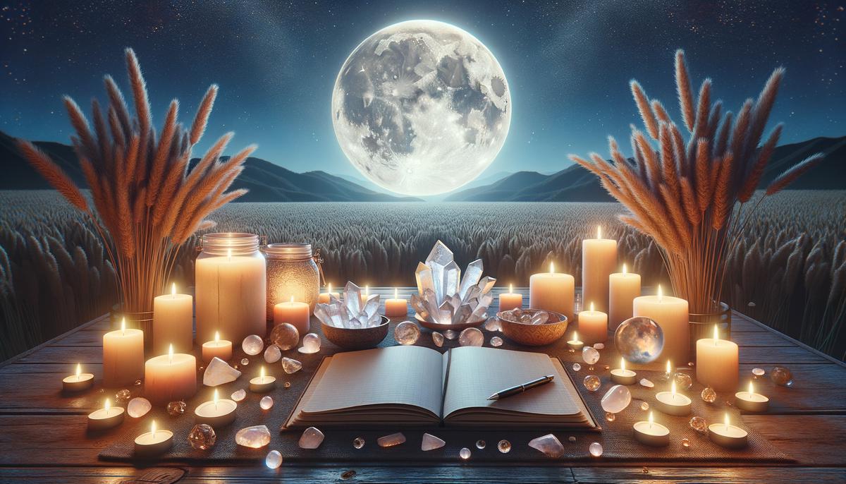 A serene outdoor setup for Harvest Moon rituals, featuring candles, crystals, and a journal