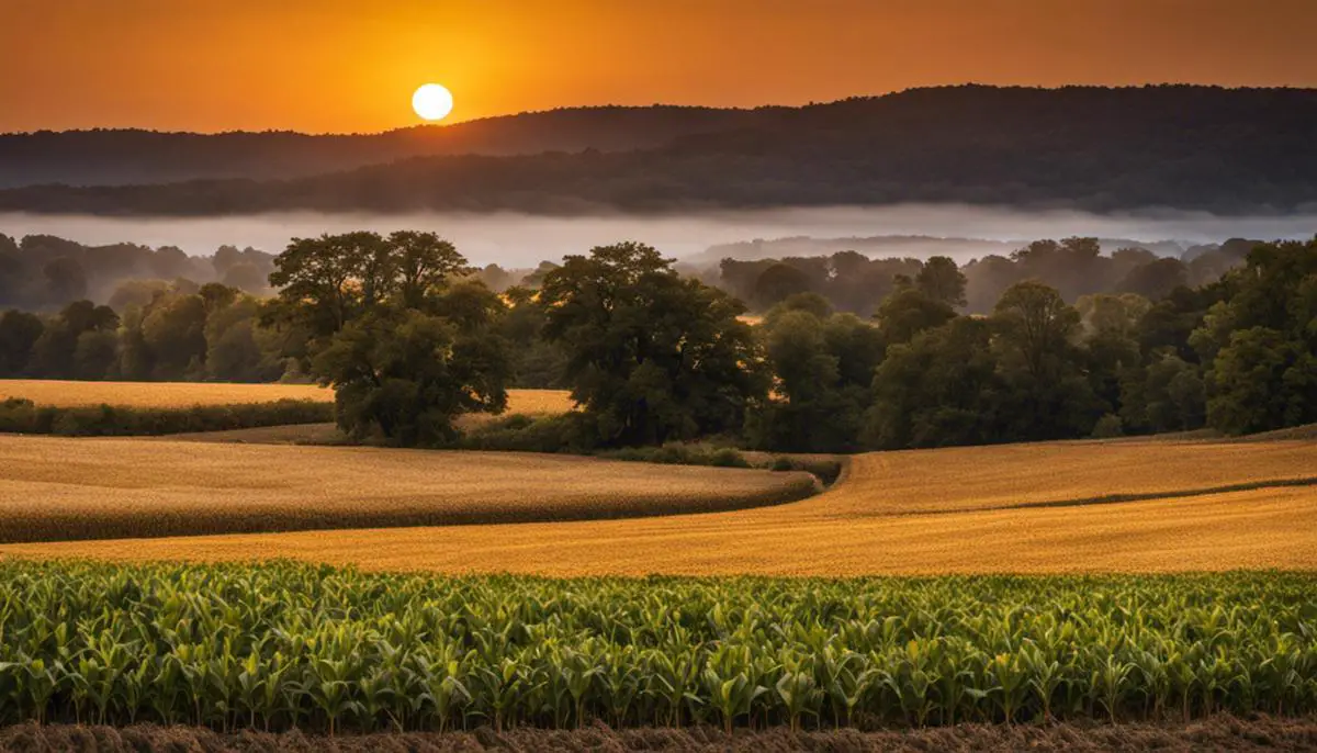 Image of a Harvest Moon casting a golden glow over a field of crops.