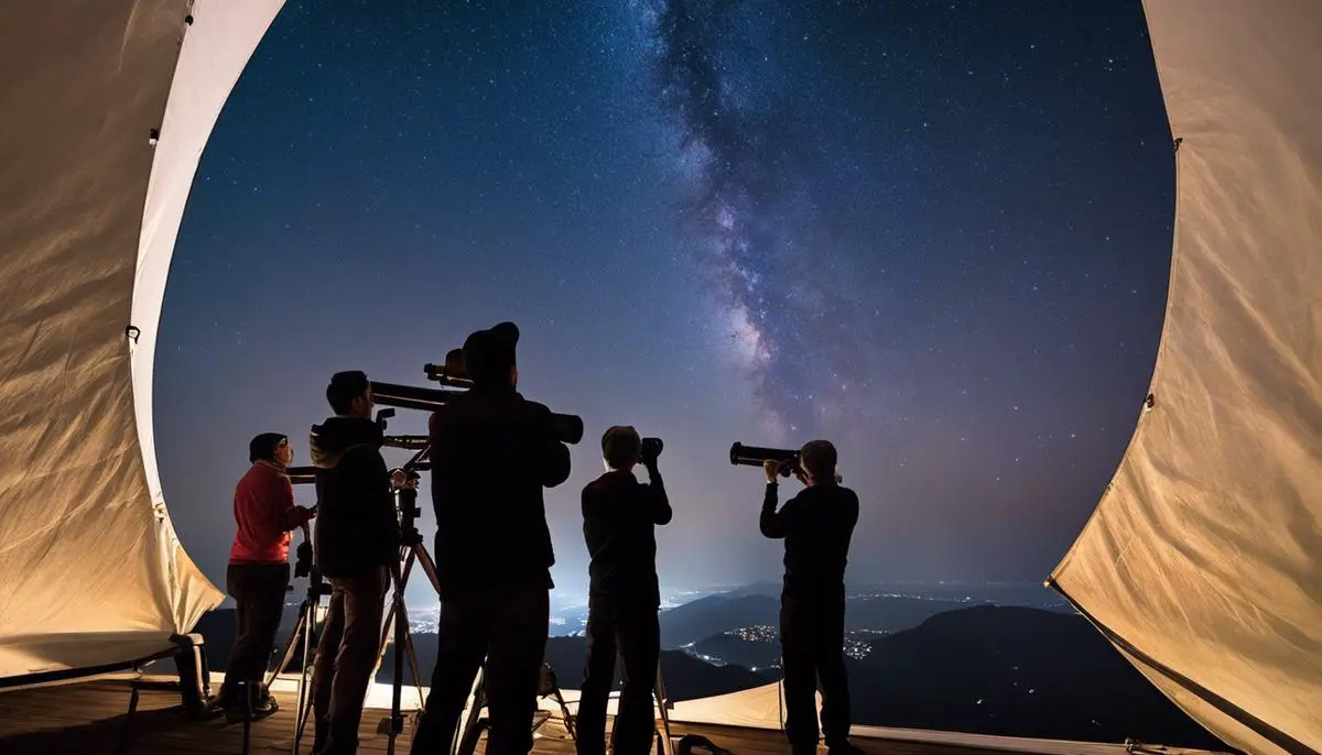 A group of astronomers observing the night sky through a Hetekan telescope.