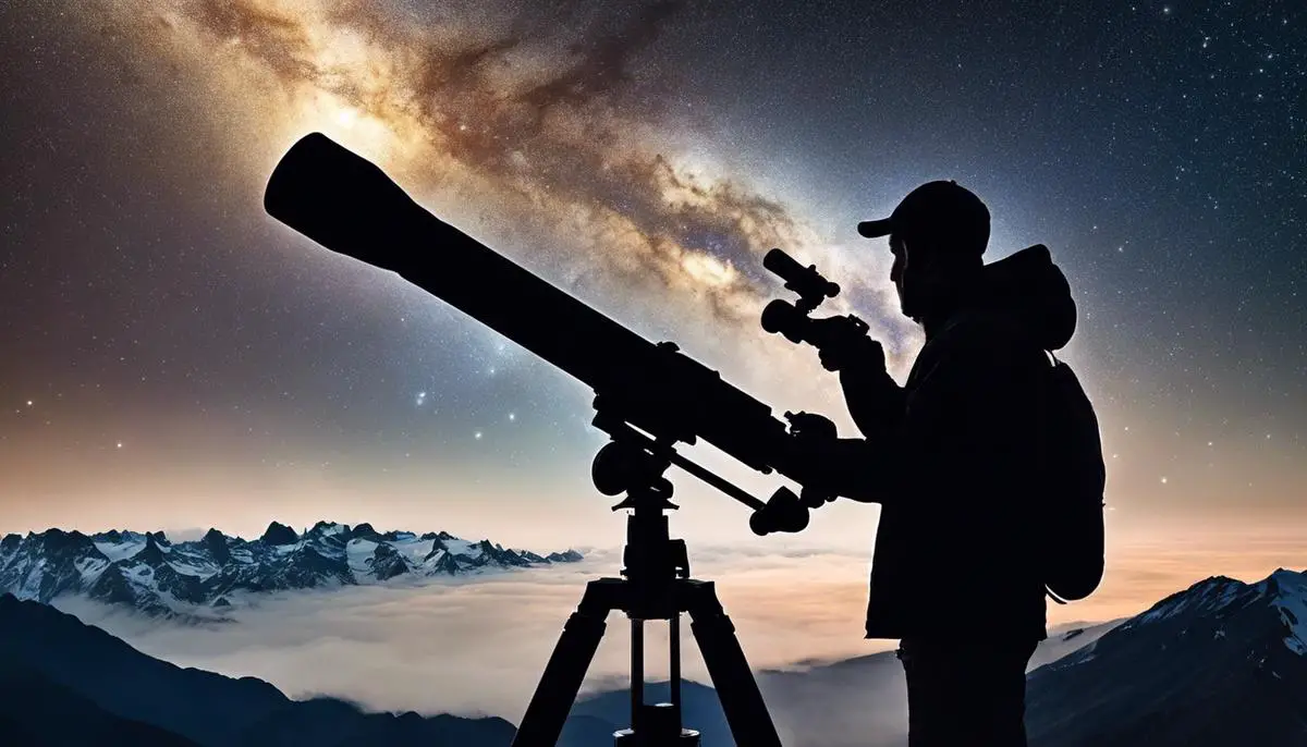 A person using a telescope at a high altitude to observe the stars