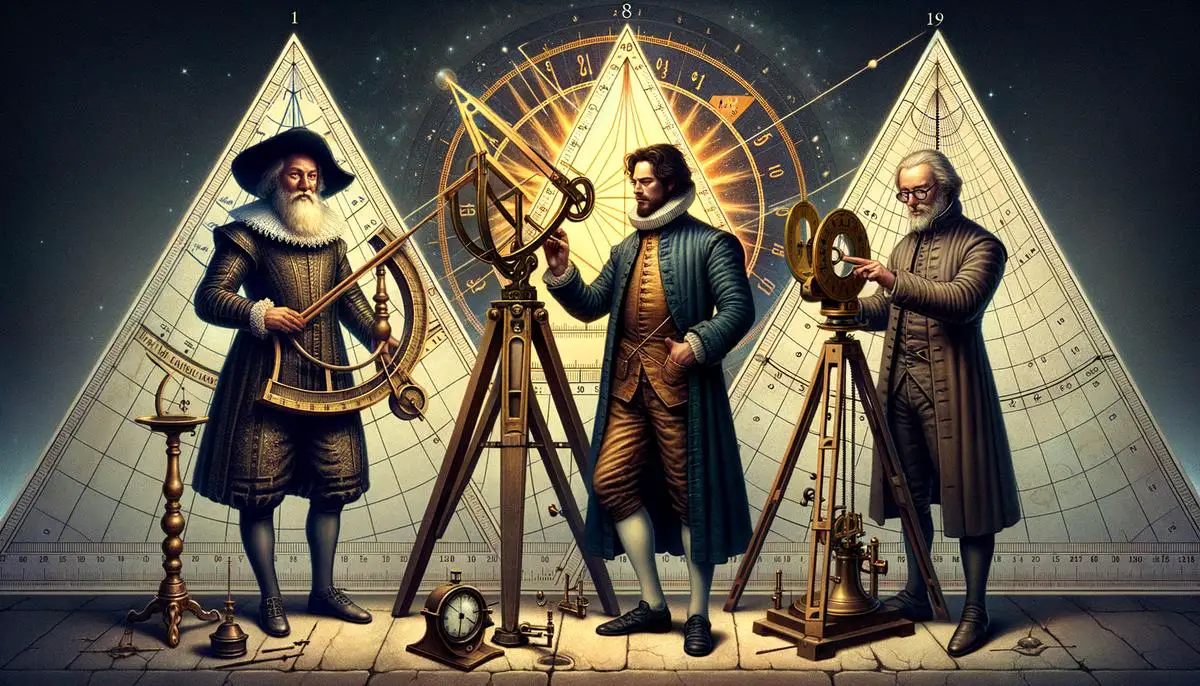 Portraits of Ole Rømer, James Bradley, and Friedrich Bessel with astronomical instruments