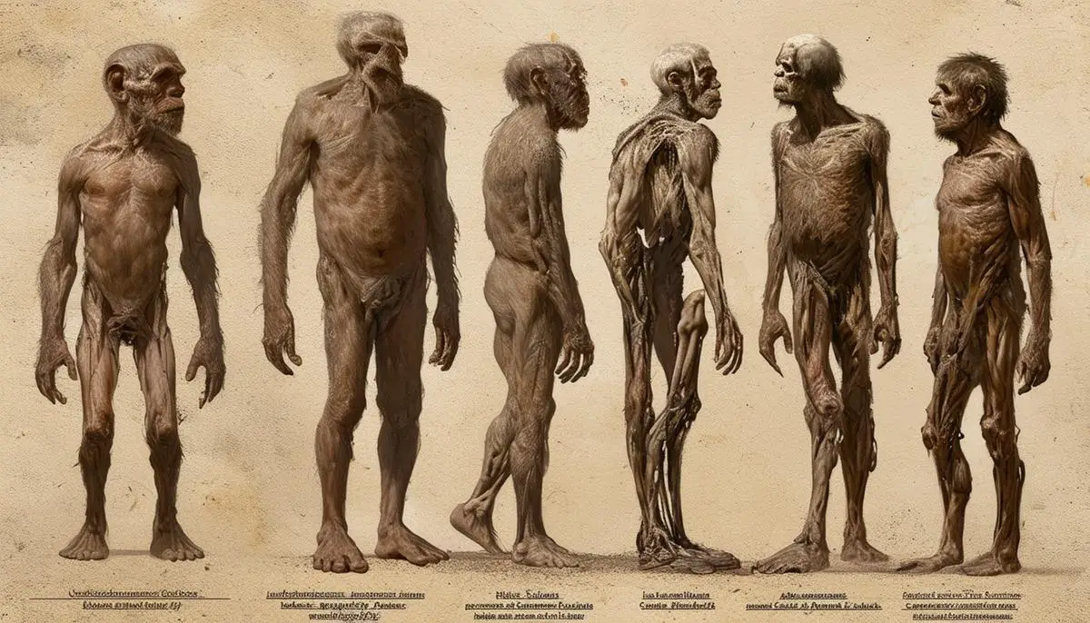 An artist's interpretation of the earliest known Homo sapiens fossils, showcasing a mix of modern and primitive traits that reflect the gradual transition from archaic to contemporary features.