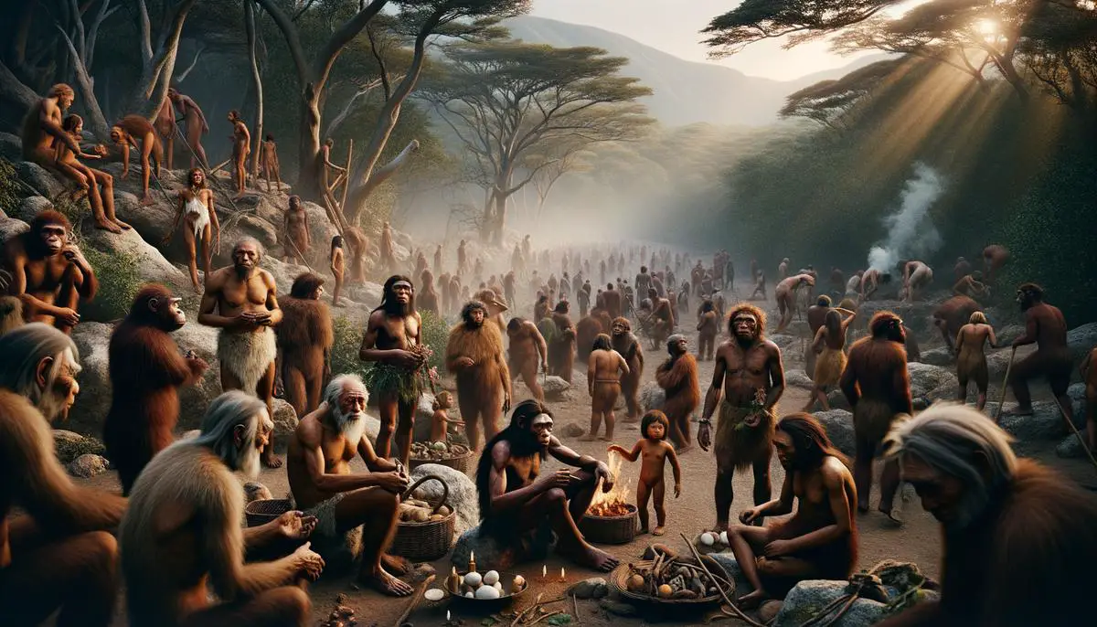 A depiction of Homo sapiens migrating out of Africa and intermingling with Neanderthals and Denisovans, highlighting the importance of interbreeding in aiding their adaptation to diverse ecosystems.