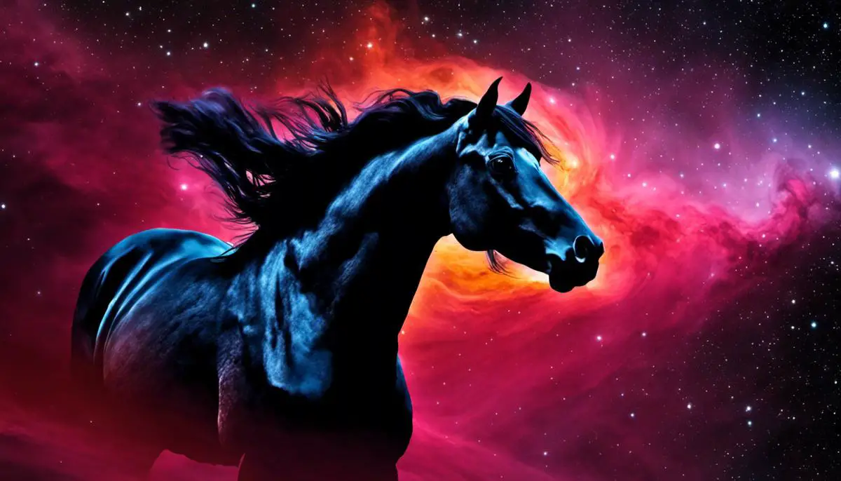 Image depicting the Horsehead Nebula, a dark nebula shaped like a horse's head, illumniated by a bright emission nebula from behind. The image shows a black silhouette of the horse's head amidst colorful gases.