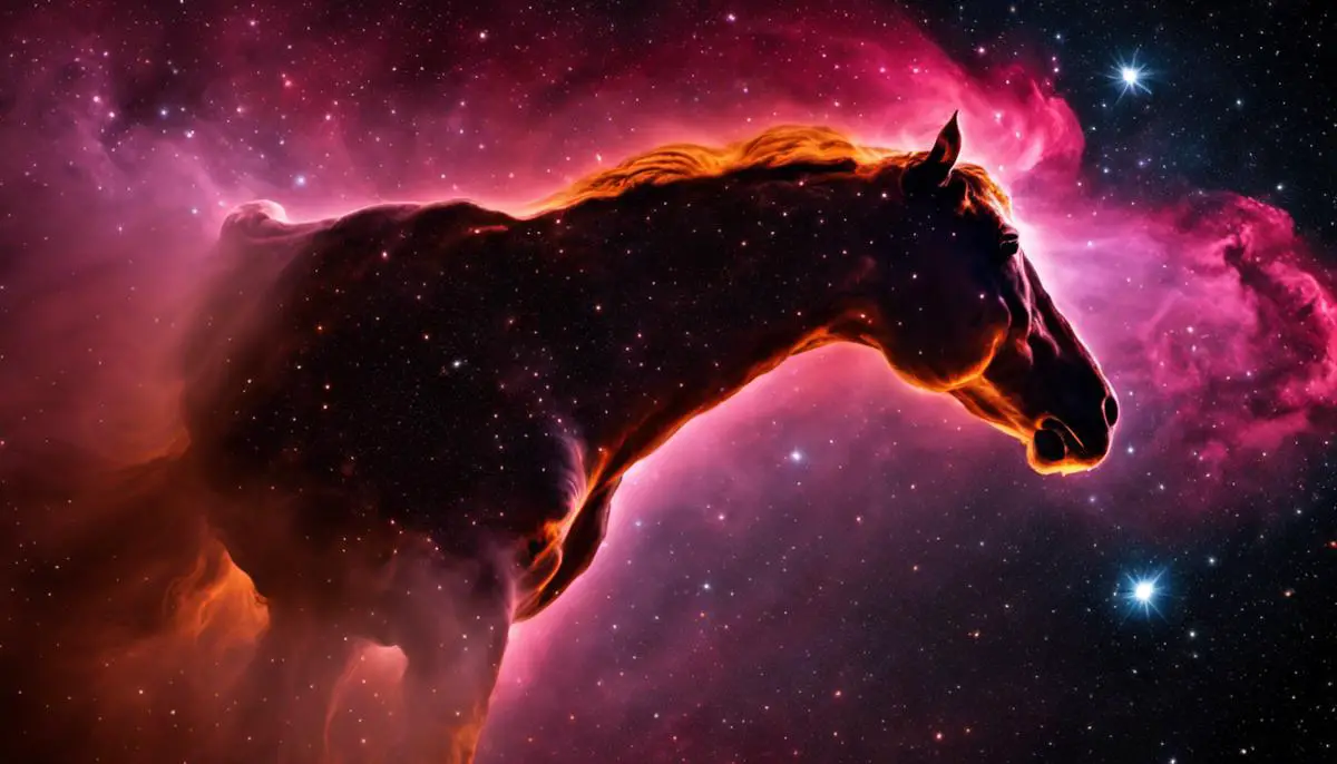 Image of the Horsehead Nebula, showcasing its iconic 'horse head' shape immersed in cosmic dust and glowing hydrogen gas particles.