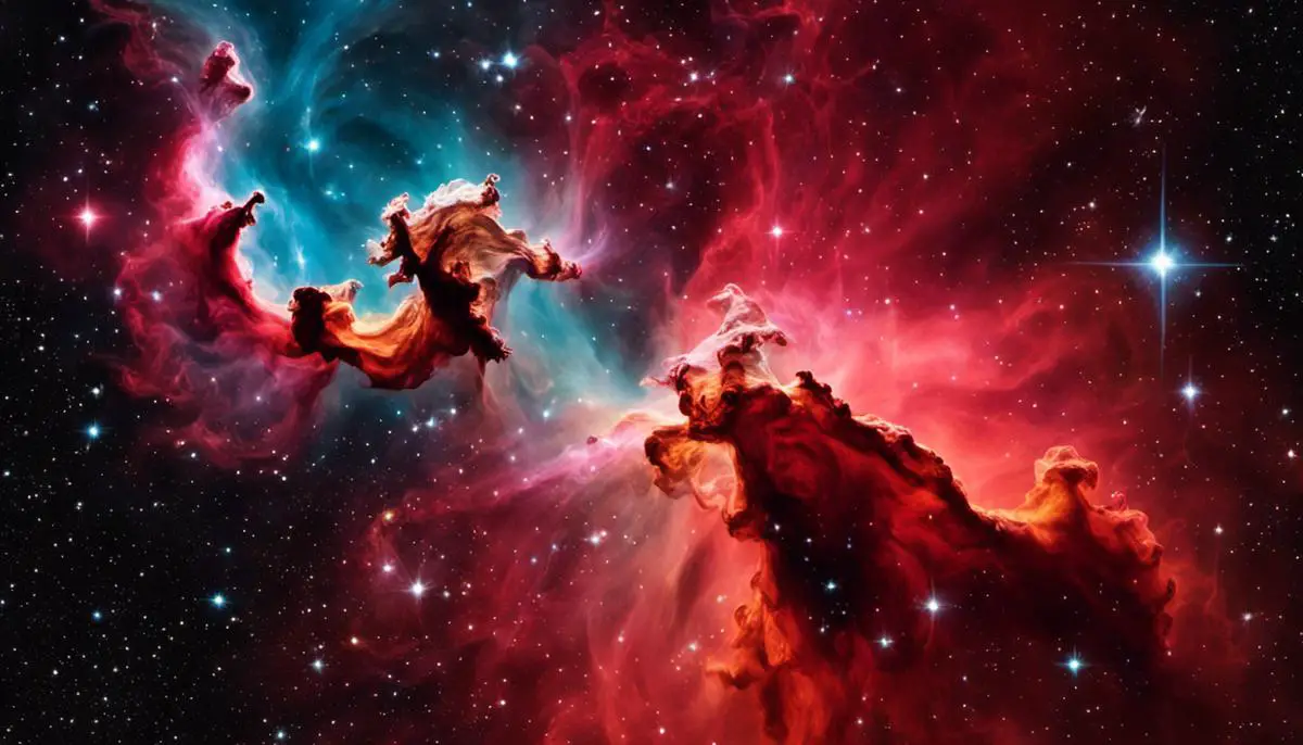 An image showing the creation of stars in the Horsehead Nebula, with colorful gases and dust swirling around a protostar.