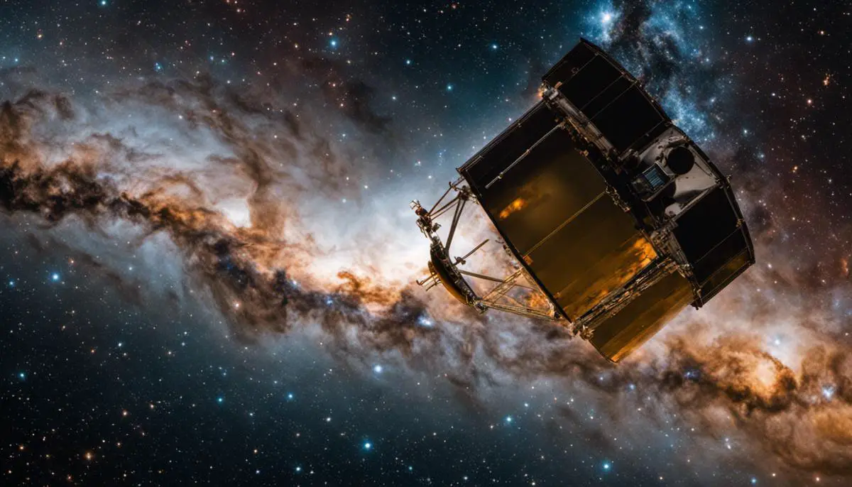 Image of the Hubble Space Telescope in space, capturing images of the universe