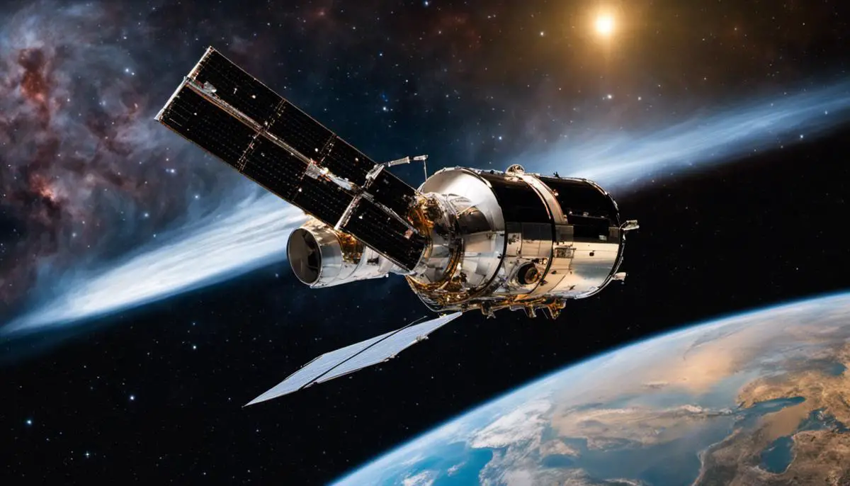 The Hubble Space Telescope floating in space, capturing stunning images of the cosmos.