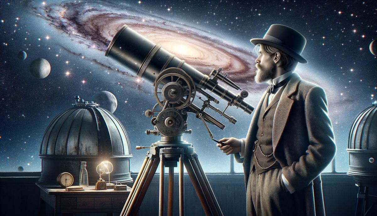 Edwin Hubble observing through a large telescope with distant galaxies visible