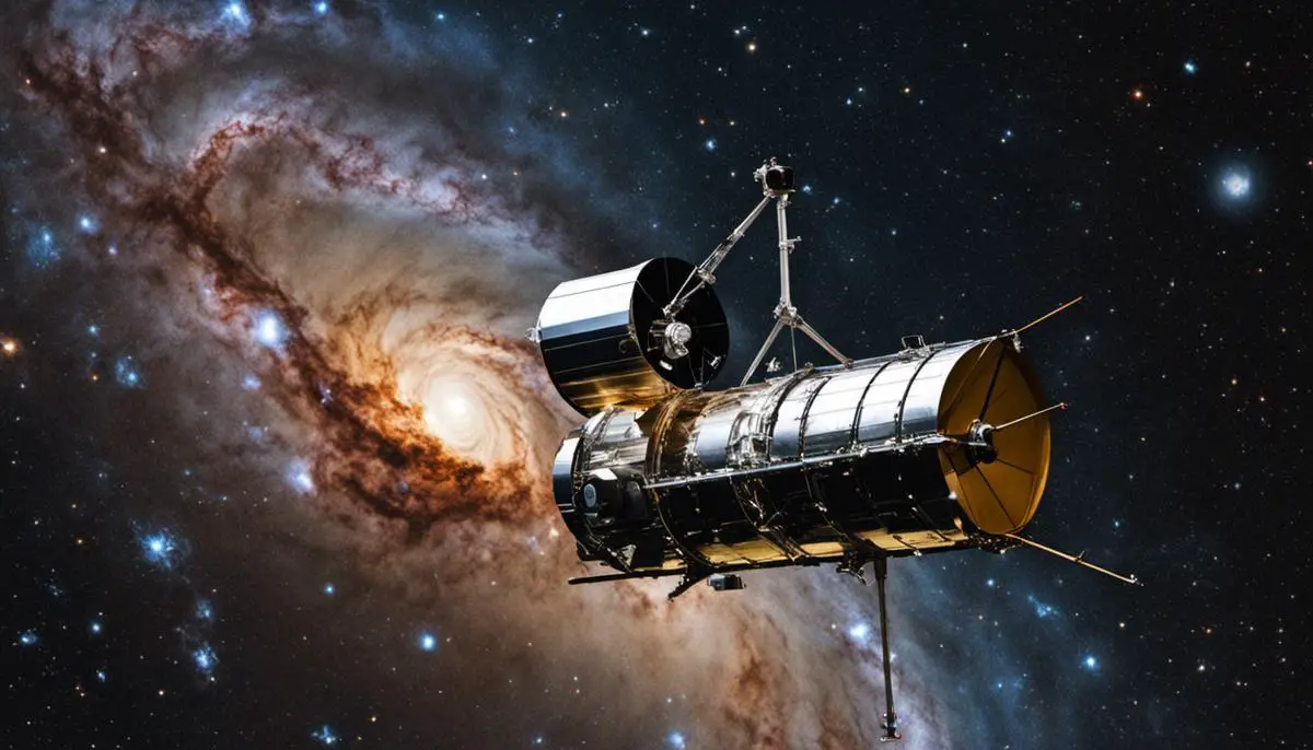 The Hubble Space Telescope floating in space, capturing images of distant galaxies and stars.