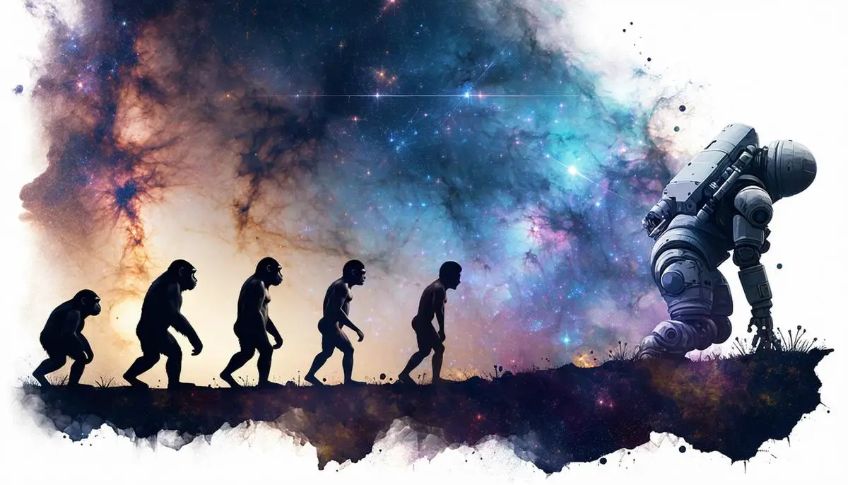 A visual representation of human evolution and progress, from early hominids to space exploration, set against a cosmic backdrop