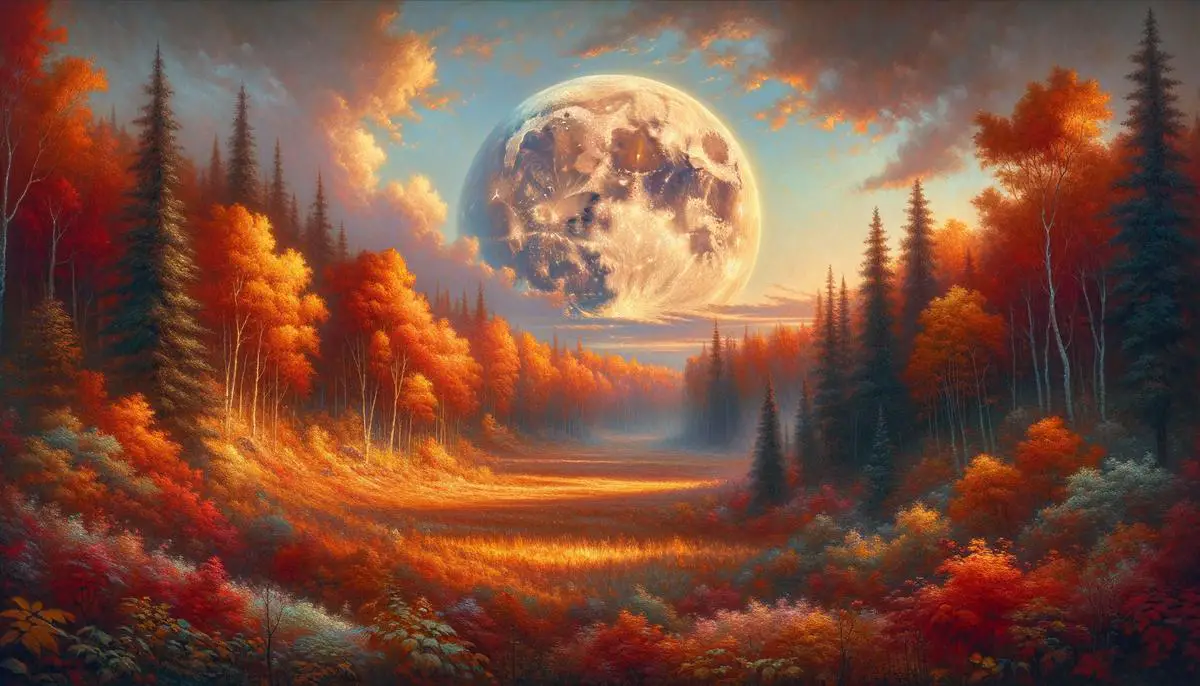 A bright Hunter's Moon illuminating an autumn forest scene