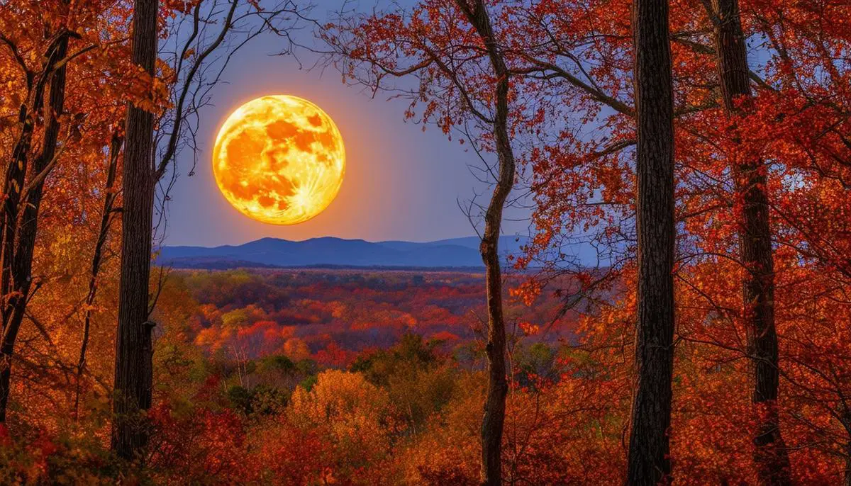 A large Hunter's Moon rising over a colorful autumn landscape with trees shedding their leaves